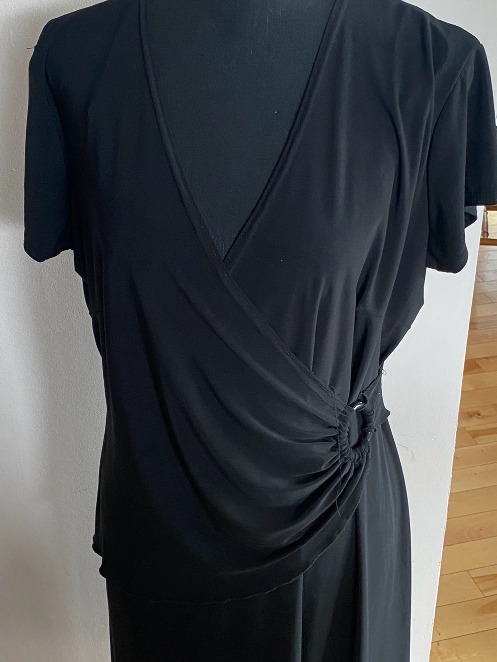 Jessica Black Faux-Wrap Short Sleeve Dress with Side Ruching